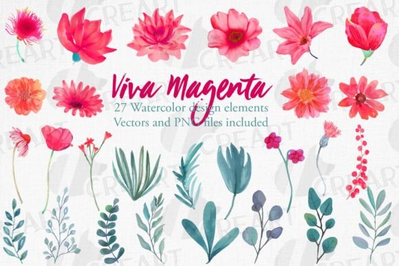 Viva Magenta Watercolor Flowers, Leaves: A Practical Guide for Designers and Crafters